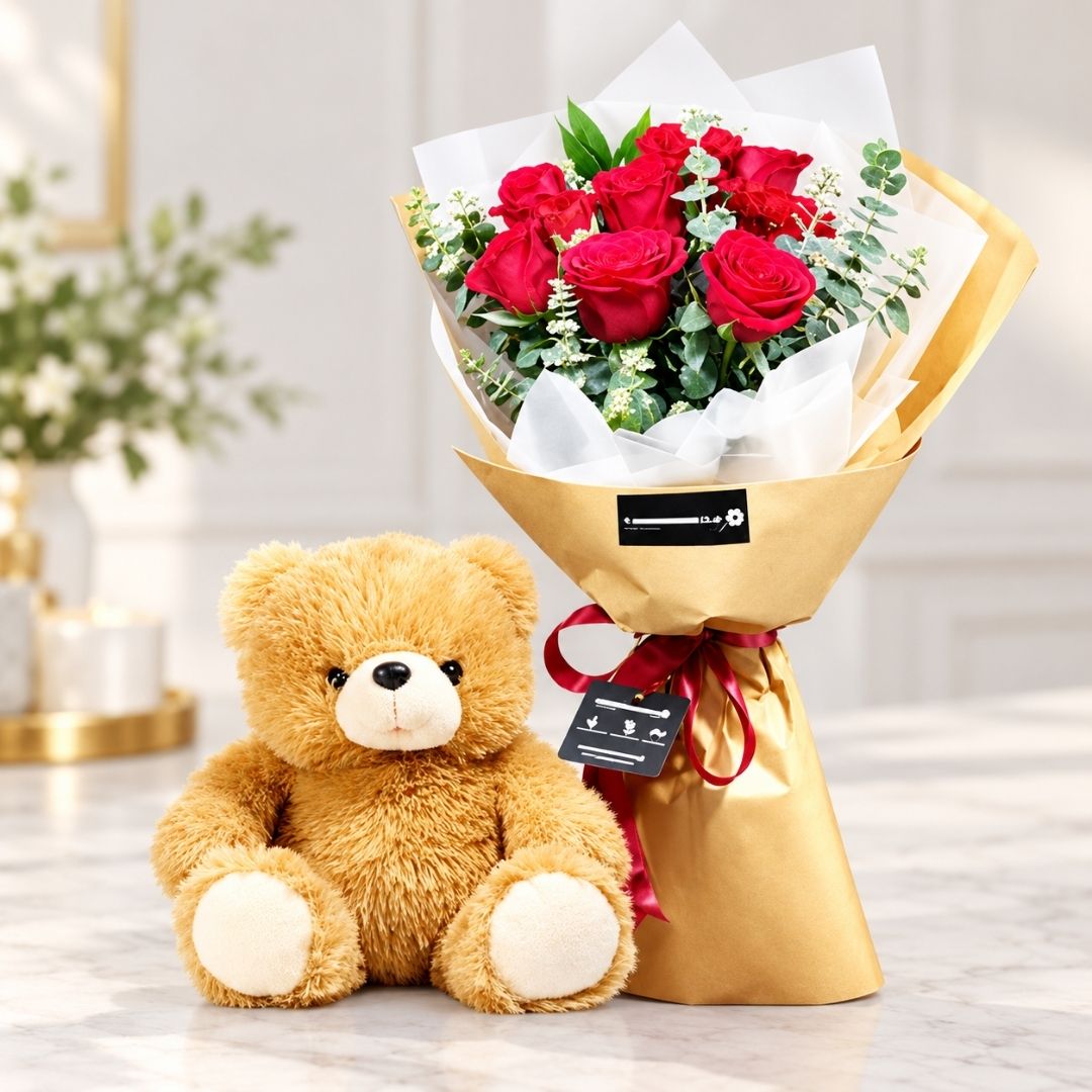 Red Rose Bouquet - You and Teddy