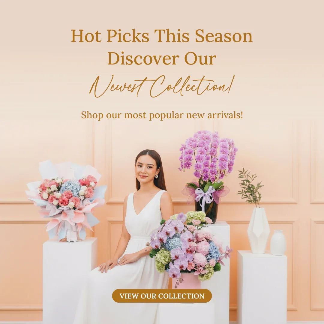 Woman in white dress with pastel flower bouquets and orchids, promoting floral new arrivals.