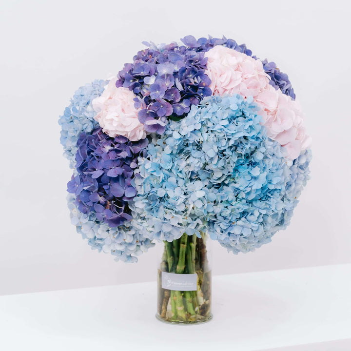 Aurora Serenade - multi-colour blue, purple and blush hydrangea bouquet