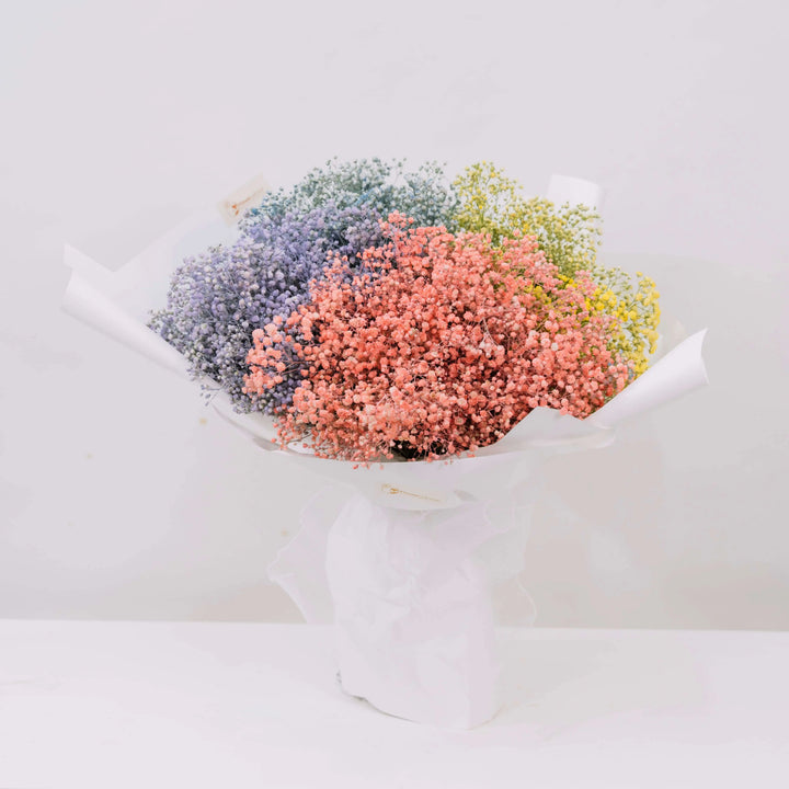 Odette - baby's breath sprayed in purple, blue, yellow and pink