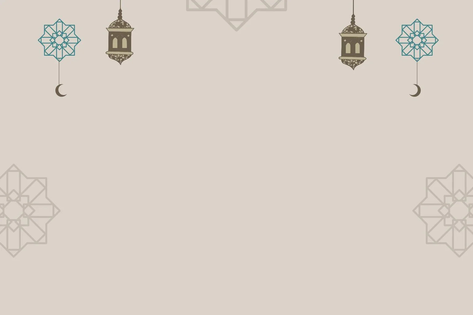 Islamic geometric patterns, crescent moons, and hanging lanterns on a beige festive background