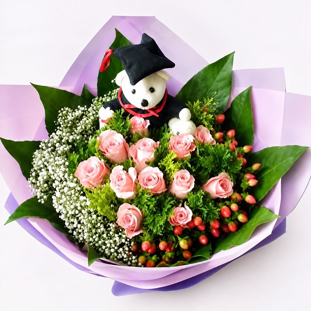 A graduation-themed flower bouquet wrapped in light purple paper, featuring pink roses, white baby's breath, green leaves, small red berries, and a small white teddy bear wearing a black graduation cap and red neckerchief.