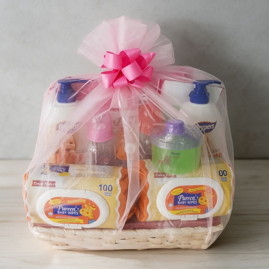 A baby gift basket wrapped in clear cellophane with a pink tulle bow and ribbon, containing baby care items including Paracetrol baby wipes, baby lotion, and a green bottle, set against a neutral gray background.