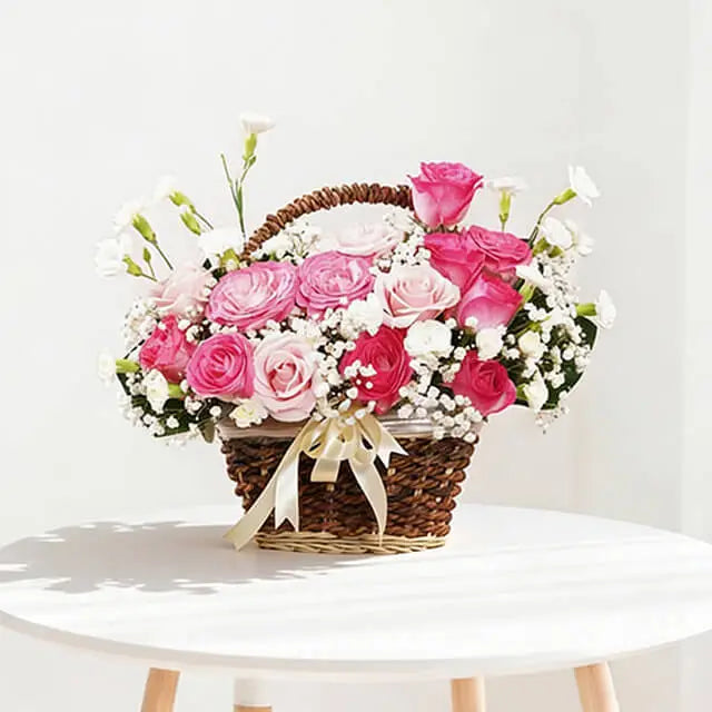 Pink rose and white carnation flower basket with baby's breath
