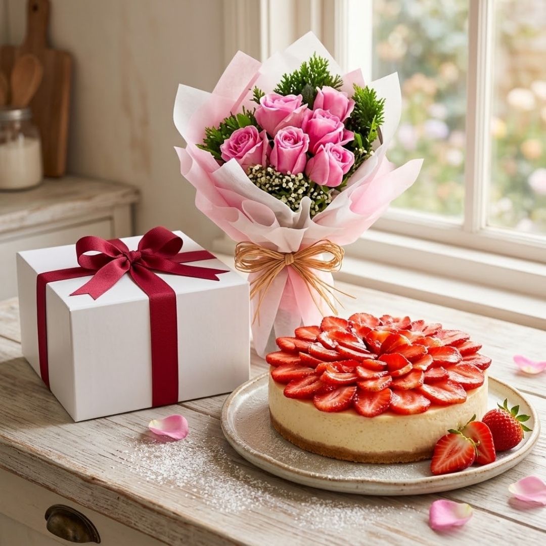Strawberry No - Bake Cheese Vegetarian Cake with Posy