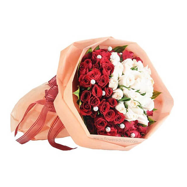Fifty First Kisses - 50 red and white roses bouquet
