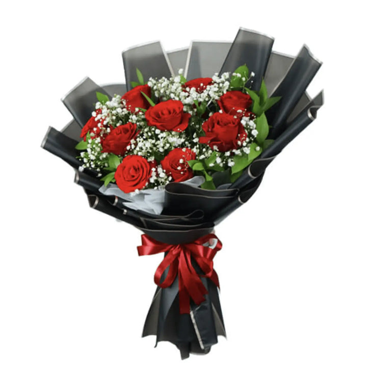 Speechless - 12 red roses bouquet with baby's breath in black wrapping