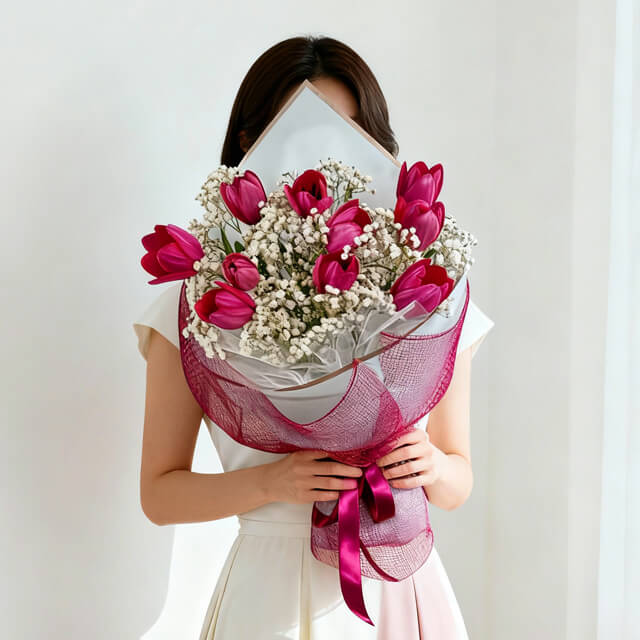 Bright Felicity bouquet with 10 pink tulips and baby's breath