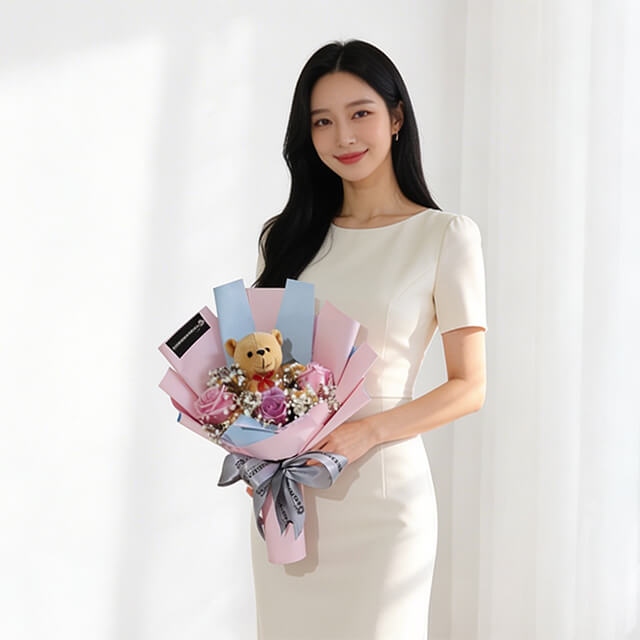 Pink Roses Bouquet with Teddy Bear - Violetta