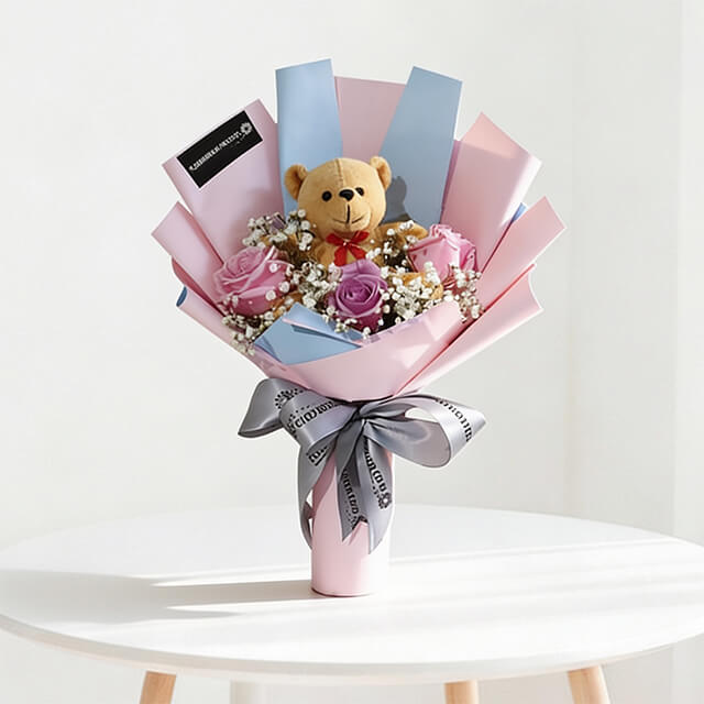 Pink Roses Bouquet with Teddy Bear - Violetta