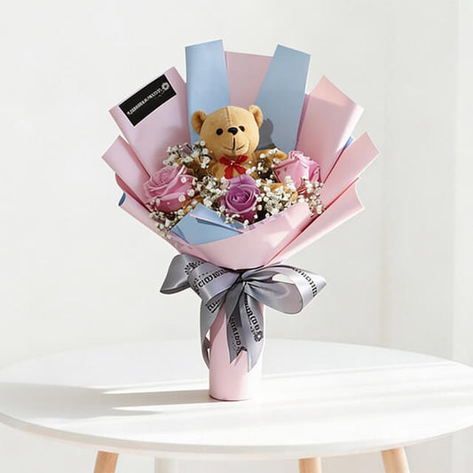 Pink Roses Bouquet with Teddy Bear - Violetta