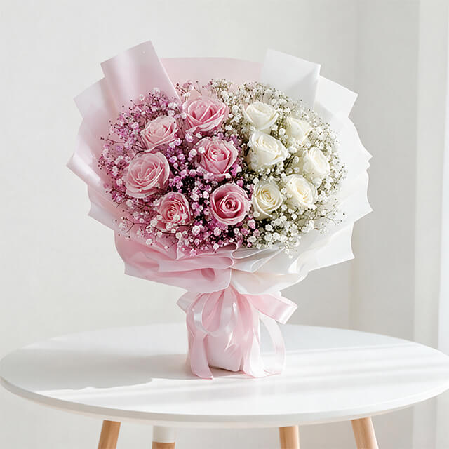 6 Pink Roses 6 White Roses Bouquet - Bling