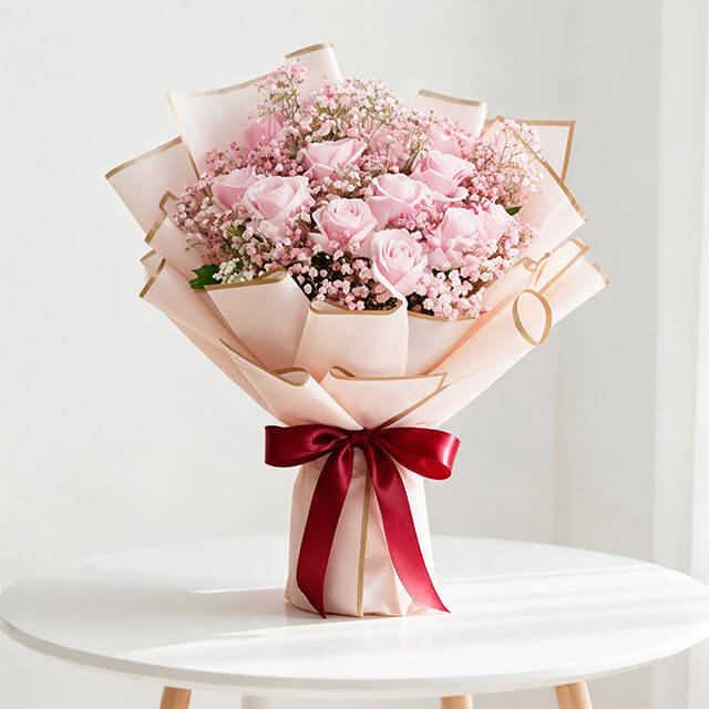 12 Pink Roses Hand Bouquet - Raining  Kisses