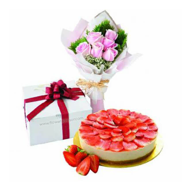 Strawberry No - Bake Cheese Vegetarian Cake with Posy