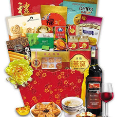 Chinese New Year hamper with festive treats, bird's nest, wine, and golden floral decor
