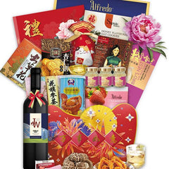 Chinese New Year festive hamper with wine, snacks, cookies, tea, bird's nest, and decorative flowers