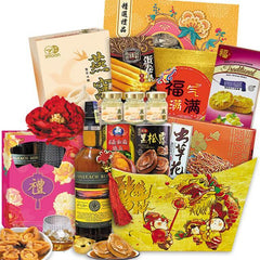 Chinese New Year gift hamper with festive snacks, abalone, bird's nest, and whisky bottle