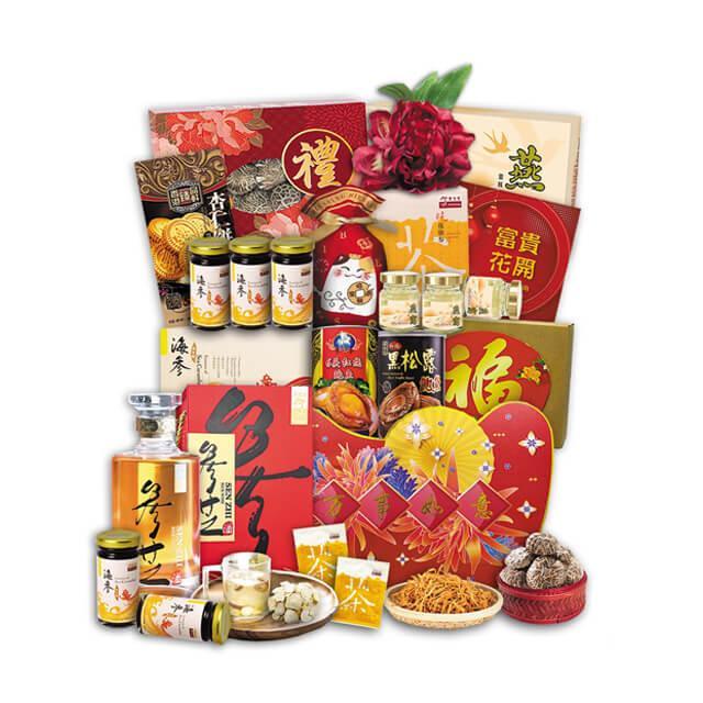 Chinese New Year hamper with festive red and gold packaging, assorted snacks, herbal drinks, and gift boxes