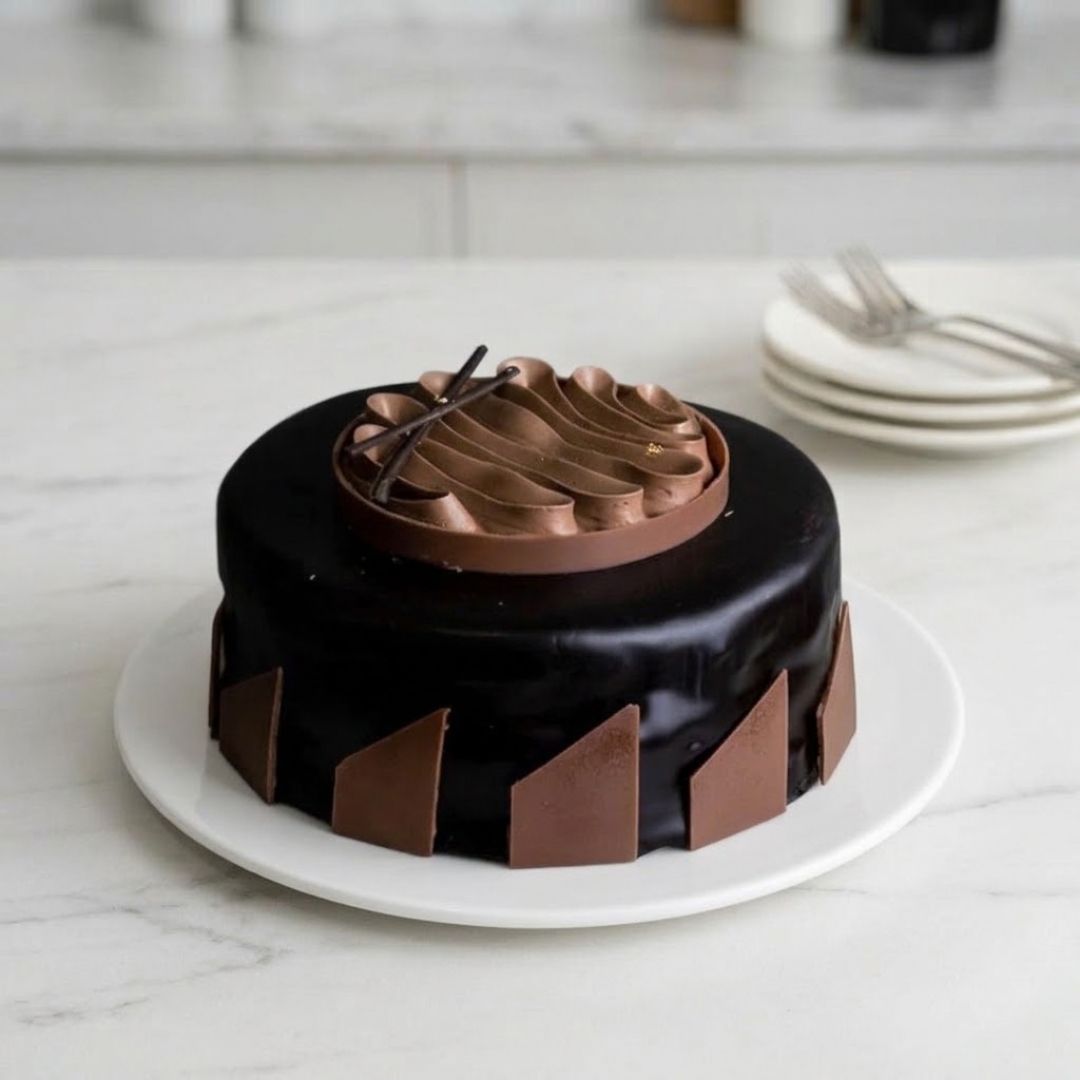 A round chocolate cake with glossy dark chocolate glaze, decorated with a piped chocolate ring on top and triangular chocolate pieces along the side, served on a white plate on a light marble countertop.