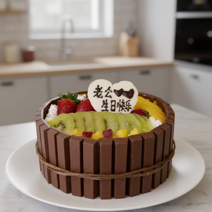 KitKat fruit cake with kiwi, strawberries and a heart-shaped topper