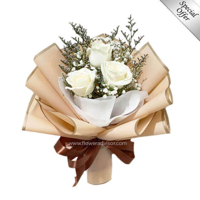Calling It Love - 3 white roses hand bouquet with greenery