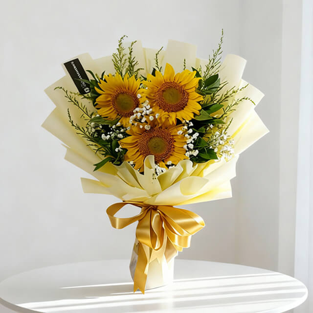 Lucky Charm bouquet with three sunflowers and fresh fillers