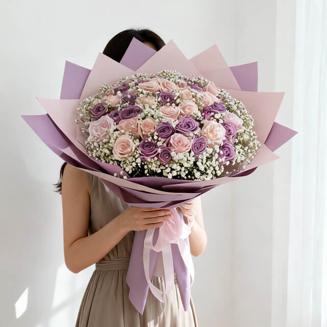 Purple Burst - 50 mixed purple and pink roses hand bouquet