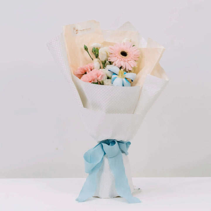 Melody Celestia - blue tulip, pink gerbera and carnation bouquet
