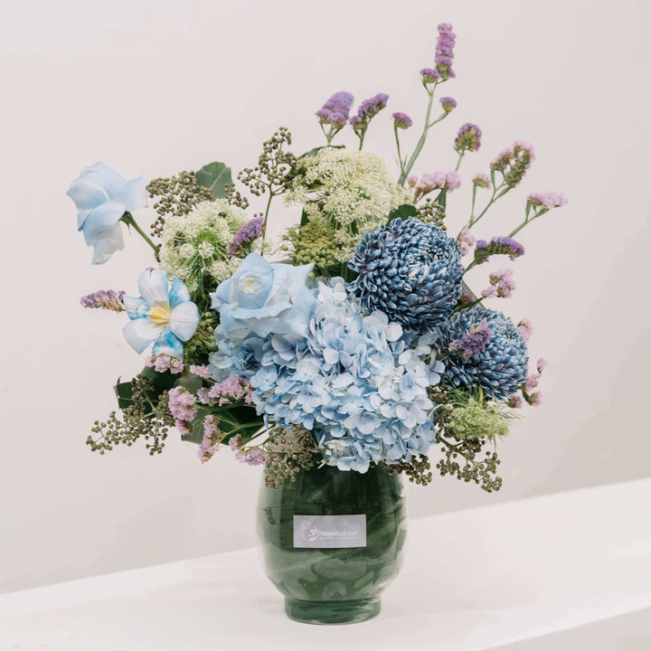 Viveca Beauty Realm - blue tulip, peony mums and hydrangea arrangement