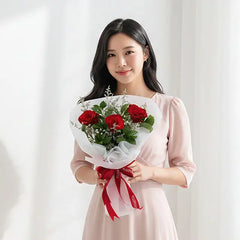Three red rose hand bouquet with baby's breath and white wrapping