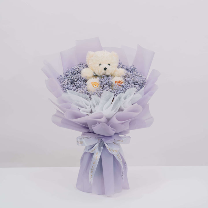Lavender Baby Breath bouquet with teddy bear