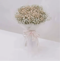 White baby's breath hand bouquet in soft pastel wrapping