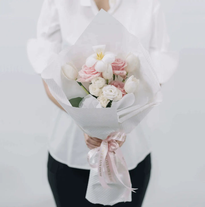 Renee Serenity - white tulips and pink roses bouquet with lisianthus